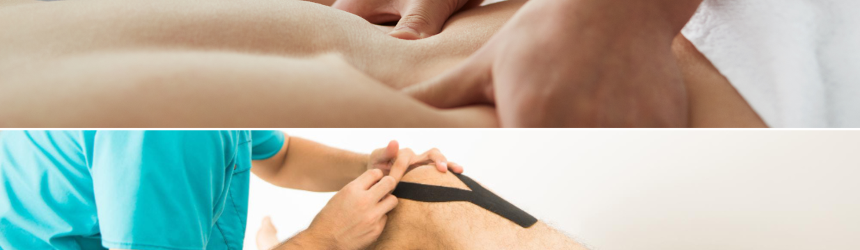 Montage photo séparé en deux : dans le haut, un thérapeute faisant un massage du dos et dans le bas, un thérapeute apposant un taping sur un genou