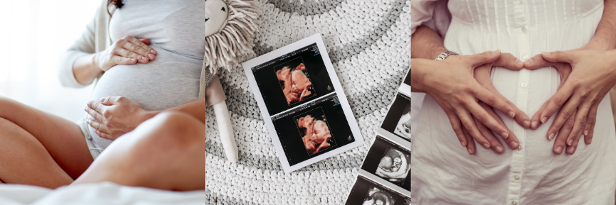 Montage photo de femmes enceintes avec photo polaroid et main sur le ventre